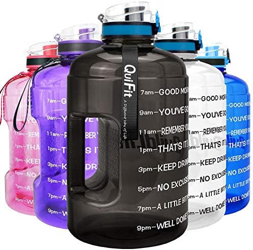 QuiFit Motivational Gallon Water Bottle - with Time Marker & Strainer & Handle Leak-Proof Infuser Water Bottle for Fitness Outdoor Sports Enthusiasts BPA Free(Midnight black, 1 gallon)