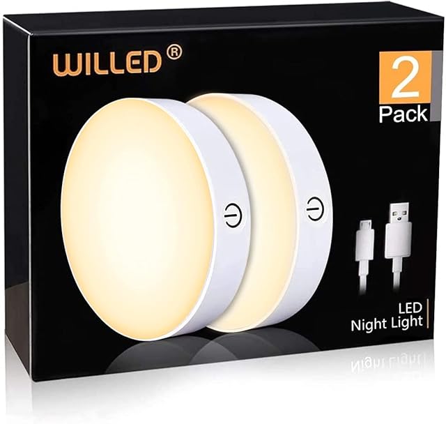WILLED 3000K Dimmable Touch Lights, Battery Rechargeable Tap Lights, Magnet Stick on Closet Light, Portable LED Puck Night Lights for Cabinet, Wardrobe, Counter, Kitchen, Bedroom (2 Pack)