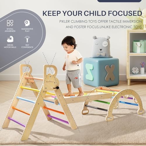 BlueWood Pikler Triangle Set, 7-in-1 Foldable Wooden Toddler Climbing Toys Indoor Playground Jungle Gym Montessori Philosophy Climber for 2-6 Years Old, Baby, Kids (Rainbow) - 5
