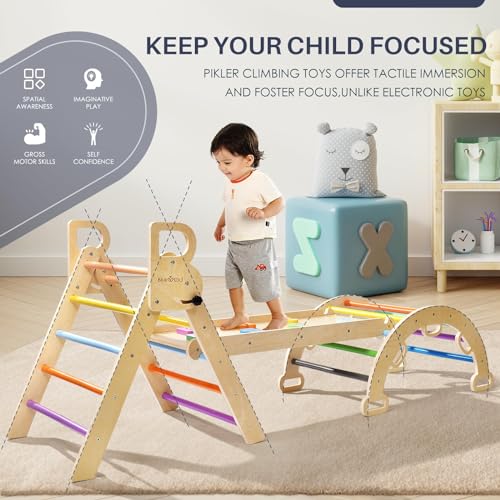 Image of BlueWood Pikler Triangle Set, Foldable Wooden Toddler Climbing Toys Indoor Playground Jungle Gym Montessori Philosophy Climber for 2-6 Years Old, Baby, Kids (Rainbow)