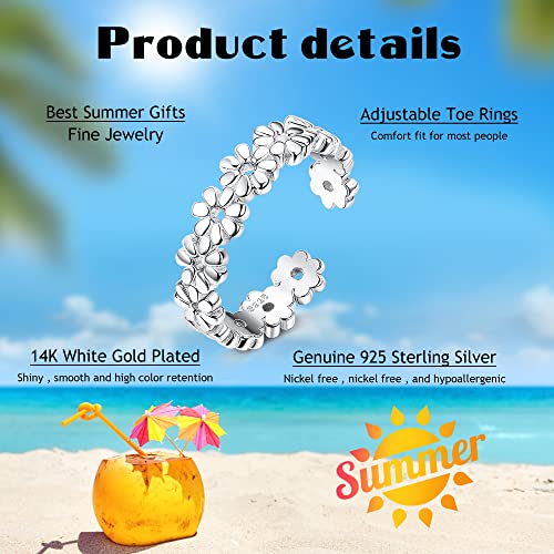Fiasaso 925 Sterling Silver Toe Rings For Women Adjustable 14K White Gold Plated Flower Cz Snake Twist Opal Band Rings Summer Beach Open Toe Rings Foot Jewelry Flower #TOP1