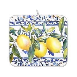 Lemon Olive Tree Italian Tile Dish Drying Mats for Kitchen Counter Absorbent Microfiber Dish Drying Matt 16 x 18 Inch Draining Reusable Rack Pad