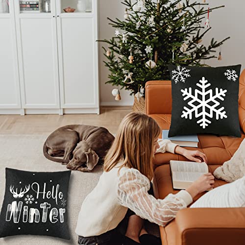 Housse de coussin bohème Noël lot de 4 en coton-lin 45x45 cm sapin blanc