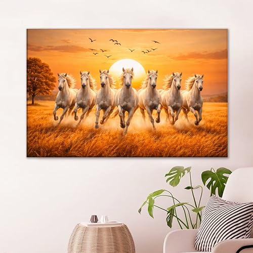 Image of Rousrie Big Size 7 Horses Vastu Frame Wall Art Painting, White Running Horses on Water, Rising Sun Wall Decor, Multicolor (55 cm x 85 cm)
