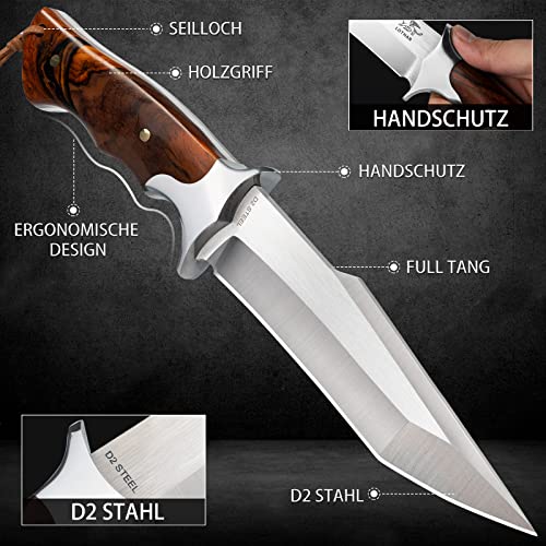 Foto von LOTHAR MOOSE Jagdmesser, Outdoor Messer aus D2 Stahl, Messer Outdoor mit Holzgriff, Bowiemesser, Bushcraft Messer, Überlebensmesser, für Outdoor Liebhaber und Abenteuer