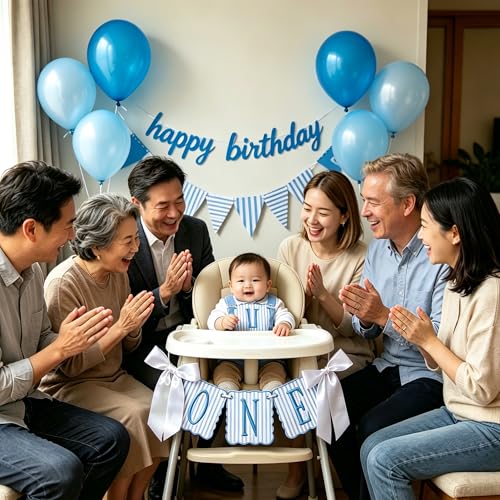 Image of Blue and White Striped ONE High Chair Banner Boy Light Blue Vertical Stripe Embroidered 1st Birthday Highchair Banner First Birthday Decorations for Boy (Blue Stripes)