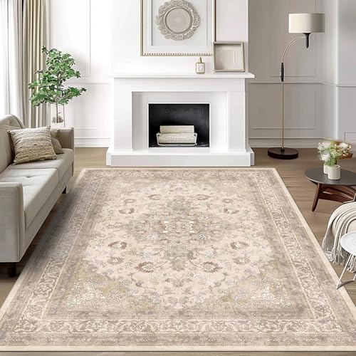 vivorug 3x5 Rug, Small Neutral Area Rug for Living Room, Bedroom, Kitchen, Machine Washable Non-Slip Throw Rug, Vintage Floral Carpet for Entryway Nursery Coffee Table - Durable (Beige)