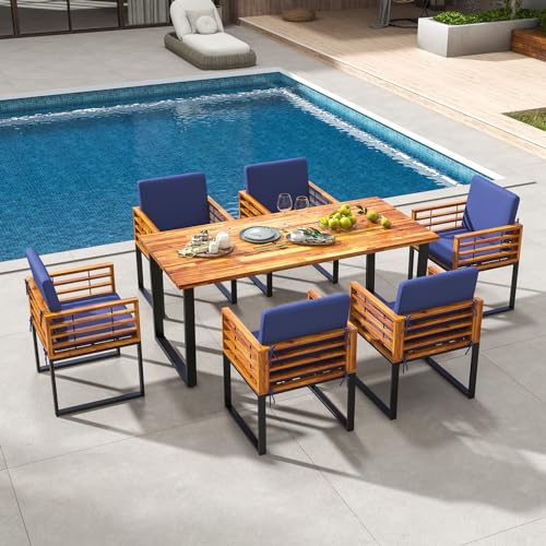 image for Tangkula 7 Piece Patio Dining Set, Acacia Wood Dining Chair & Table Se