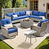 POUUIN Outdoor Sectional Patio Furniture Set with Swivel Rocking Chairs,10 Pieces Wicker Conversation Sets L Shaped Couch Out Door Sofa Set Outside Furniture for Garden Deck Yard Porch,Navy Blue