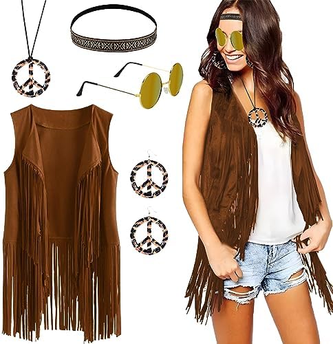 MXTIMWAN Kit Déguisement Hippie 4 Pièces – Perruque, Bandeau, Collier Paix, Lunettes – Années 60/70/80, Pour Homme/femme, Carnaval, Festival, Soirée