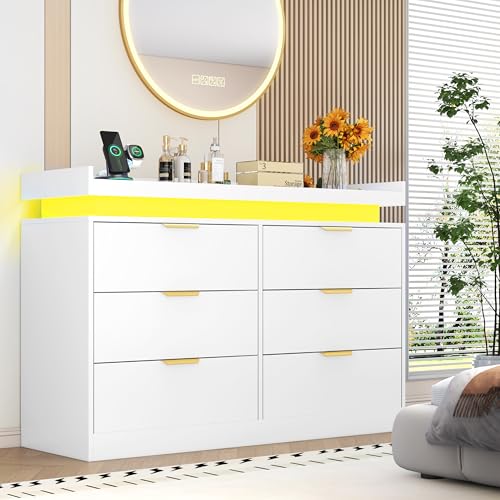 6 Drawer Dresser for Bedroom, White Dresser with LED Lights and Power Outlet, Modern Chest of...