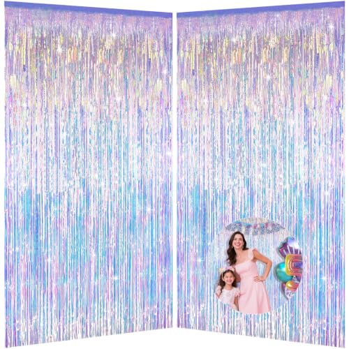 Image of Iridescent Party Decorations Fringe Backdrop, Sparkling Holographic Foil Fringe Tinsel Curtains for Frozen Mermaid Birthday Party Decor - 3.28x6.56ft 2 Packs
