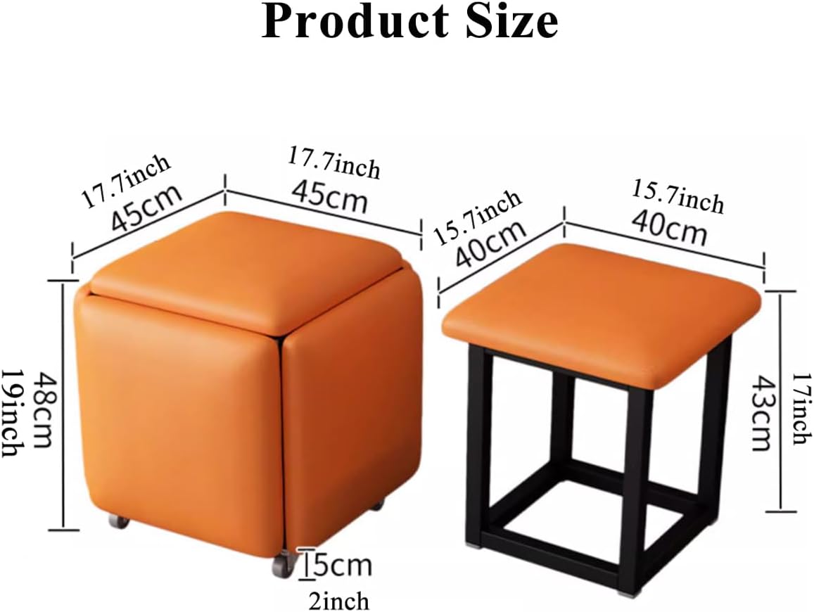 5 in 1 Nesting Ottoman Pouf Cube Chair Stackable Sofa Chair Pouf Stool Nesting Ottoman Stool with Wheels, Space-Saving Metal Frame Foot Rest for Living Room, Dining Room, Bedroom, Small Spaces