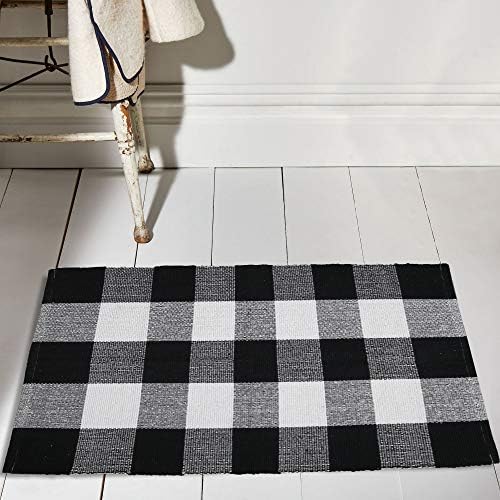 RAJRANG BRINGING RAJASTHAN TO YOU Cotton Reversible Checkered Rug 90 x 60 cm Boho Machine Washable Buffalo Plaid Indoor Outdoor Entryway Door Mat Black and White Rug