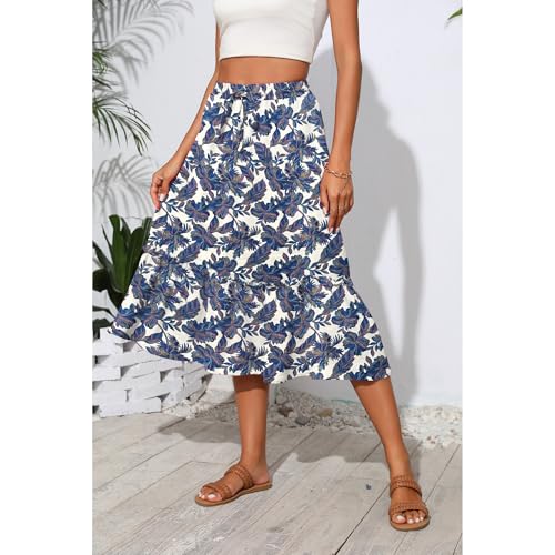 Image of Witsmile Summer Skirts Midi Length Flowy Pleated Tiered Skirts for Women 2025 Dressy Casual(FP Blue Leaf,XL)