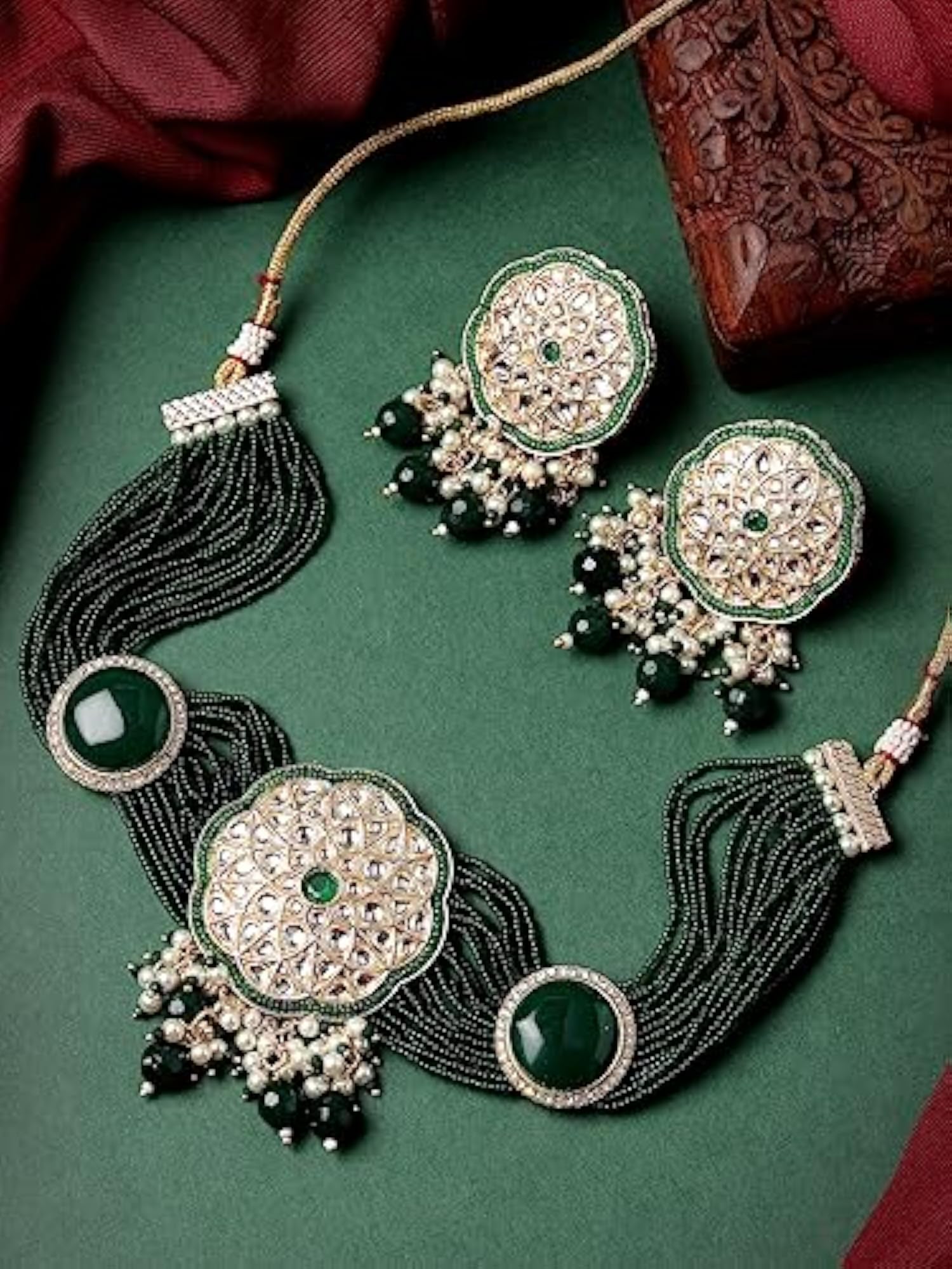 Plated Kundan & Beads Choker Necklace Set With Earring
