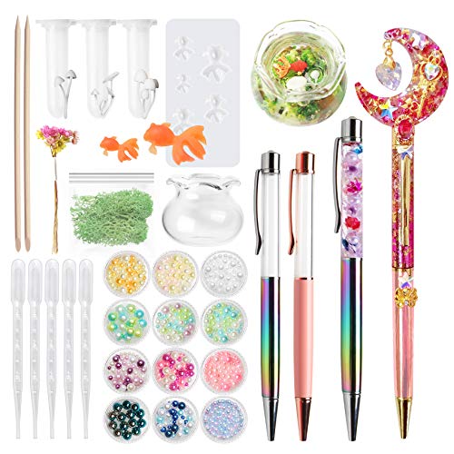 Forniture in resina UV e colata epossidica per creazione di gioielli, 32 kit. Crea una penna per erbario con perle di vetro / vera penna per fiori secchi / penna galleggiante con glitter; ciotola per pesci in miniatura diorama aquascape e altro.