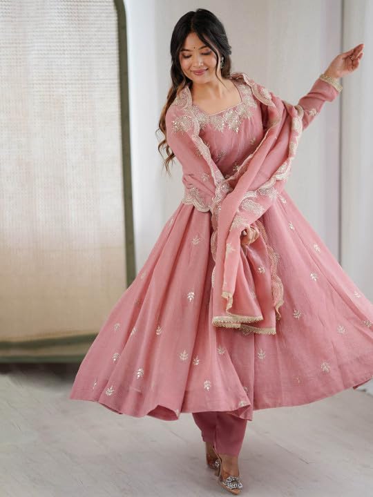 Generic Women's Silk Embroidered Anarkali Suit Set with Peach - Image 3
