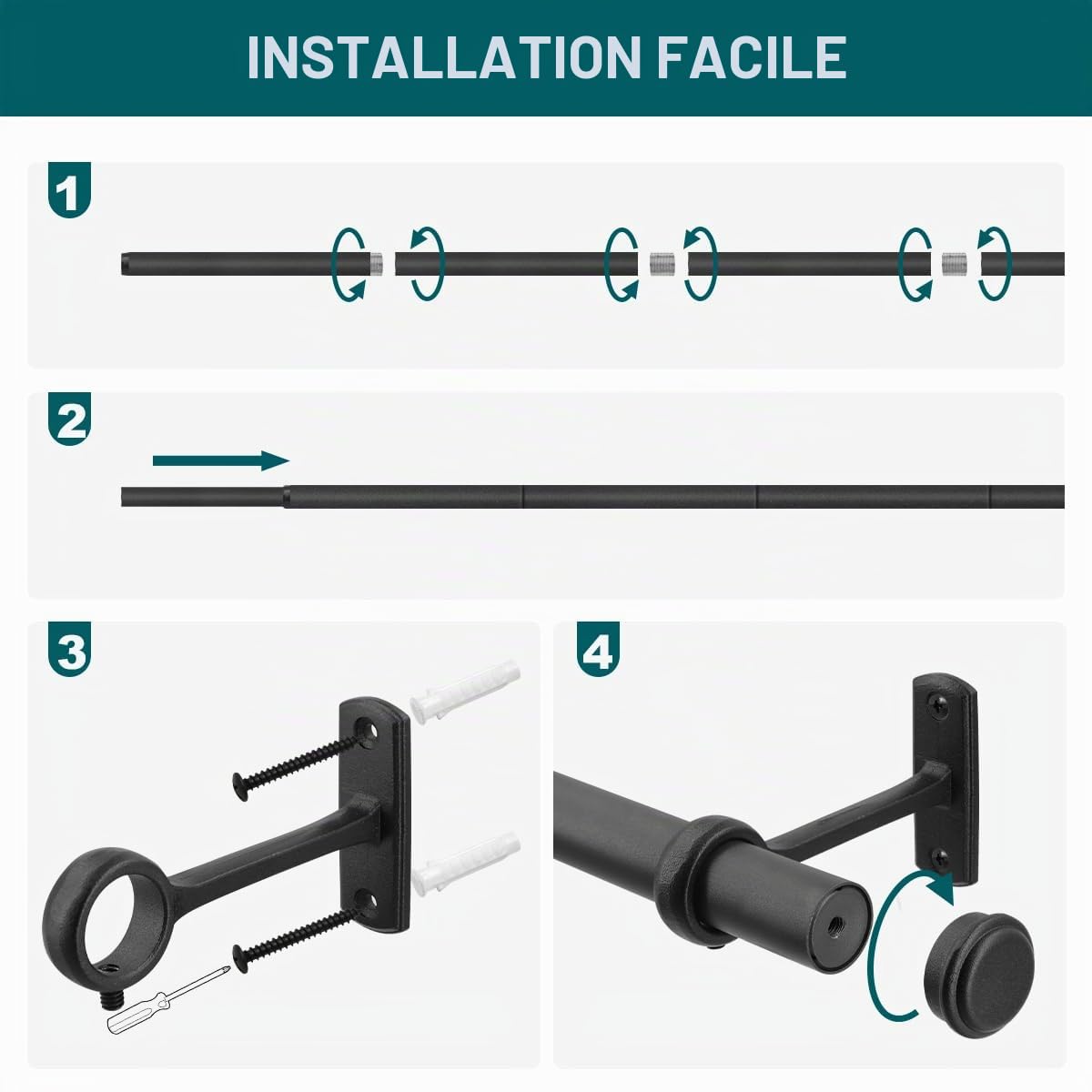 Tringle à rideaux pour fenêtres avec embout rond, 80-300 cm, Tringle à rideaux réglable pour montage au plafond robuste avec supports, Tringle à rideaux murale pour rideaux suspendus
