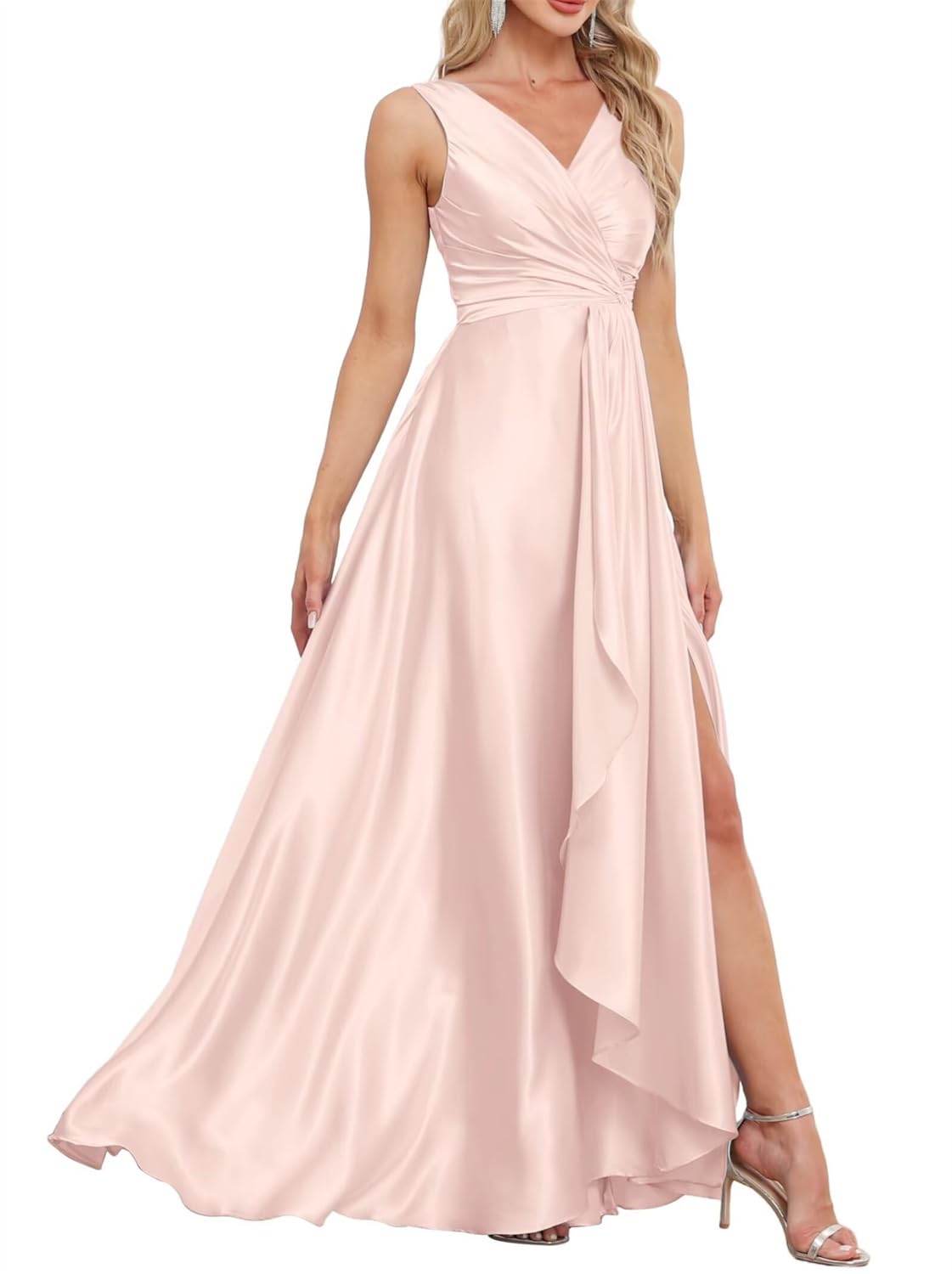Hppee Women's Blush Pink Bridesmaid Dresses For With Slit Sleeveless V Neck Satin Formal Party Gown Long Prom Dress Uk18
