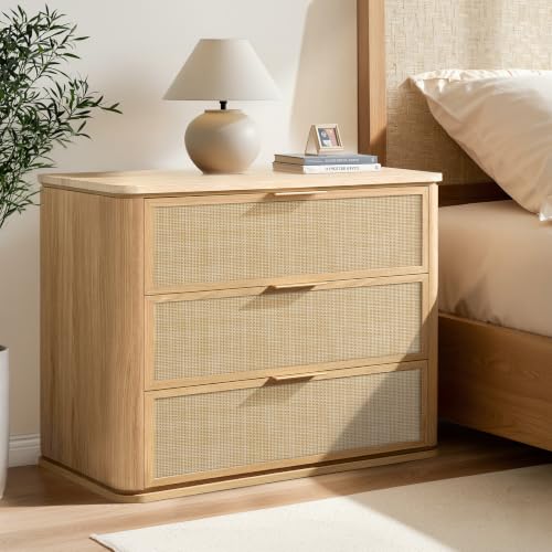 Image of Night Stand, 30.71 inch W Rattan Nightstand with 3 Drawers, Faux Marble Top Bedside Table, Boho Mid Century End Table for Bedroom Living Room Sofa Office, Natural Oak [FSC Certified]