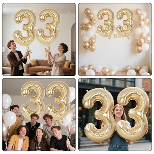 Image of Champagne Gold Large Number 33 Balloon, 40 Inch Light Gold Foil Helium Number Balloons, Giant Mylar Number 33 Balloons for 33 Years Old Birthday Party Anniversary Decorations (Champagne Gold 33)