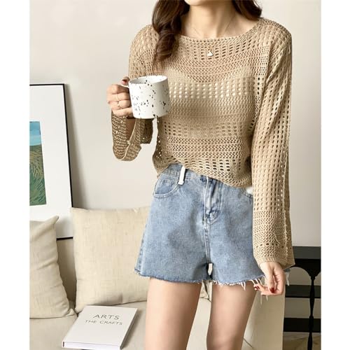 Image of CRAMPLEWomen Short Openwork Sunscreen Knitted Pullover Women Summer Seaside Resort Loose Design Sense Long-Sleeve Sweater Top