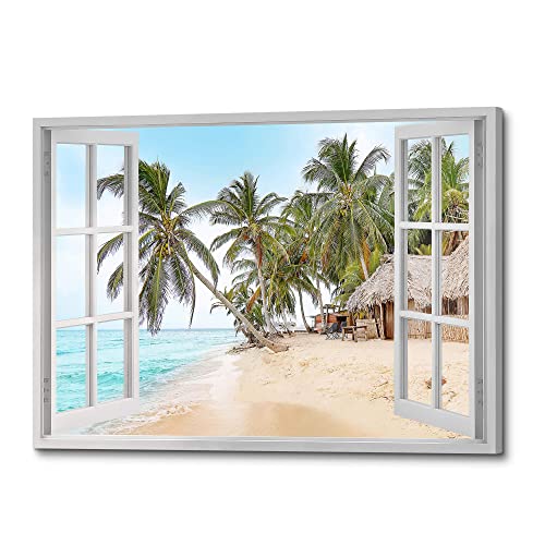 ArtSquare Beach Window Palm Trees Canvas Wall Art 24x16 Inch