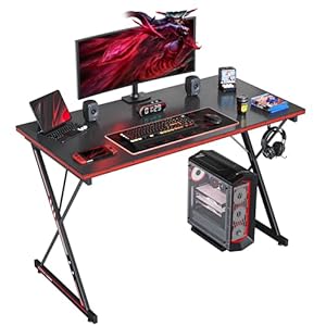 Gaming Tisch 100 x 50 cm, Gaming Schreibtisch, PC Tisch mit Kopfhörerhaken und Kohlefaserbeschichtung, Ergonomischer Computertisch, Metallgestell, Kohlefaser Schwarz
