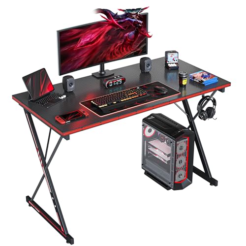 Gaming Tisch 100 x 50 cm, Gaming Schreibtisch, PC Tisch mit Kopfhörerhaken und Kohlefaserbeschichtung, Ergonomischer Computertisch, Metallgestell, Kohlefaser Schwarz