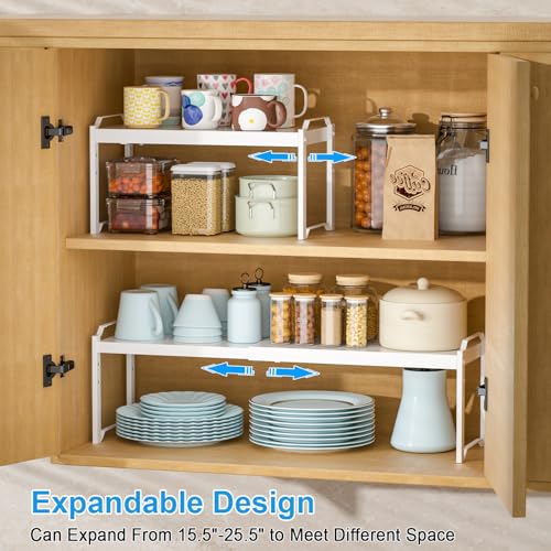 Image of 2 Pack Stackable Expandable Shelves For Kitchen Cabinet Countertop Storage, Adjustable Counter Cupboard Pantry Organizer Shelf Rack Stand, Length:25.5 Inch