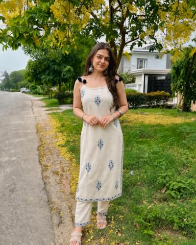 Image of Women's Embroidered Kurta Set, Off-White with Blue Floral Print, Sleeveless Strappy Kurta with Pom-Pom Detail and Matching Pants