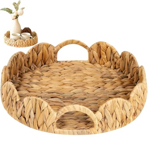 Licsaliwe Rundes geflochtenes Korbtablett aus Wasserhyazinthe mit Griff, 12 Zoll gewelltes Rattan-Serviertablett für Tisch und Schminktisch