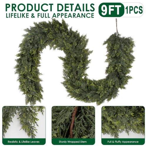 Image of Hananona 9FT Artificial Cedar Garlands, Real Touch Soft Cedar Pine Garland, Winter Artificial Greenery Garland for Fireplace Mantel Staircase Porch Table Indoor Home Decor (1, Dark Green, 9FT)