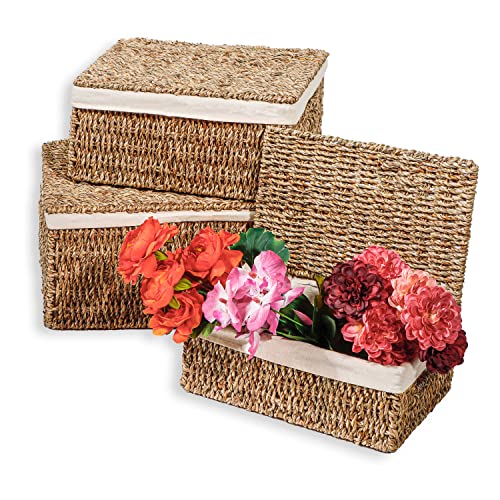 Set Of 3 Rectangular Seagrass Baskets With Lids And Removable Fabric Liners By Trademark Innovations (Small) #TOP3