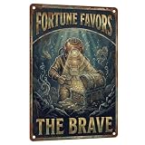 TinnyTign Scuba Diving Decor Fortune Favors The Brave Vintage Metal Tin Sign Deep Sea Diver Wall Art Nautical Treasure Decoration For Man Cave 8x12 inch