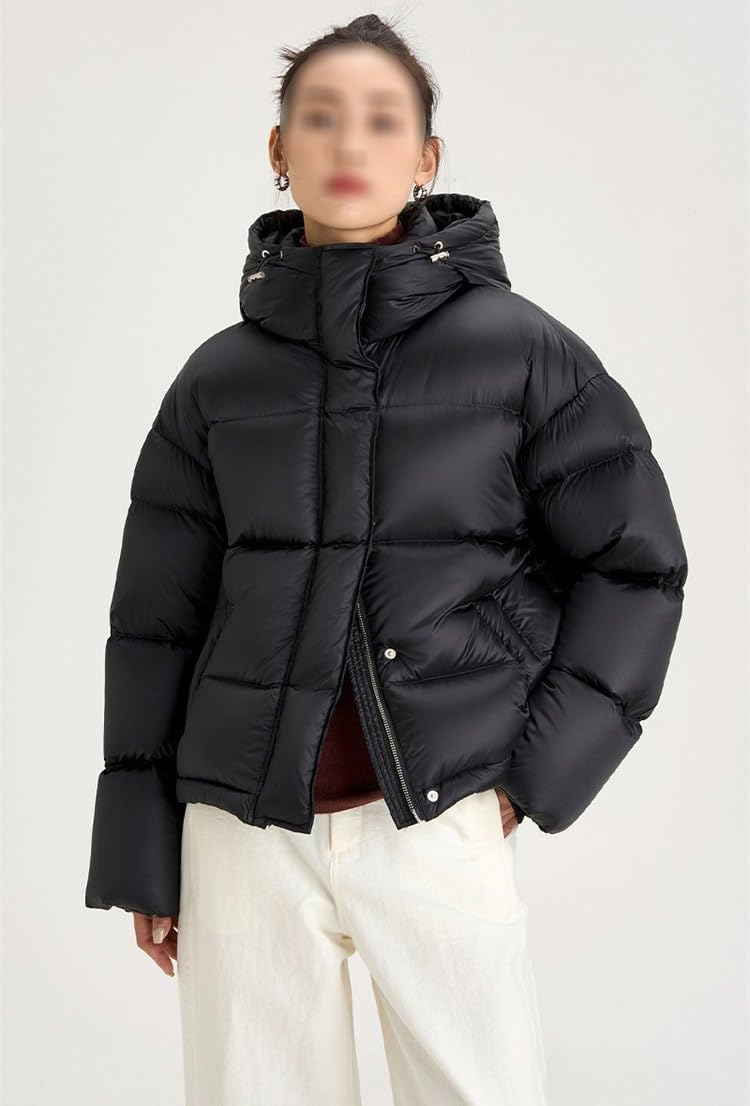 Women's Winter Goose Down Jacket Short Hooded Loose and Warm Thick Coat Thickened Black