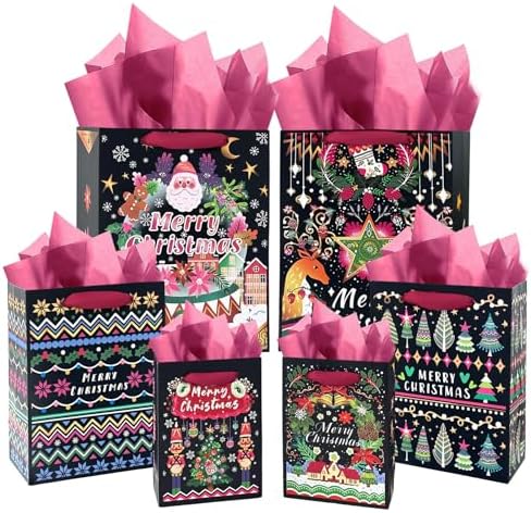 qiqee Christmas Paper Gift Bags with Tissue Paper Handles Assorte...