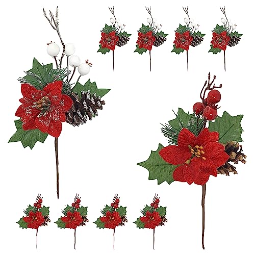 BANBERRY DESIGNS Christmas Pinecone and Berry Picks - Set of 10 - Glittery Poinsettia with Red & White Berries - 5 Each of 2 Styles - Xmas Festive Décor Accent - 9" H