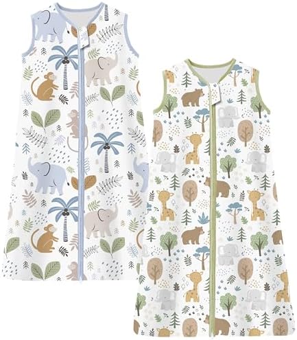 Chilsuessy Kinder Schlafsack 1 Tog 2er Packe Baby Schlafsack aus 100% Baumwolle,Baby Ganzjahresschlafsack Schlafanzug für Jungen und Mädchen, 1 Tog/Süße Affe + Giraffe, 110cm/Baby