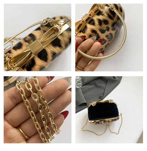 Image of Small Leopard Print Clutch Evening Tote Bag Top Handle Cheetah Print Satchel Handbag with Chain Animal Print Purse