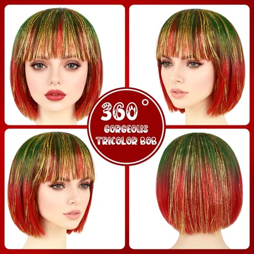 Image of PLULON Red-Green-Gold Bob Wig with Heart Sunglasses for Women Men, Colorful Short Funny Bob Wigs with Bangs and Hair Cap Colored Cosplay Hairpieces for Christmas Halloween Costume Neon Birthday Party