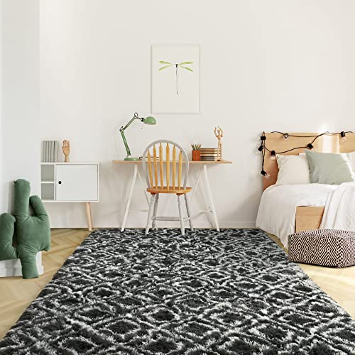 Guucha Fuzzy Area Rug, 6’X9‘ Soft Plush Fluffy Carpets, Geometric Moroccan Shaggy Rugs For Living Room Bedroom Nursery Room Kids' Room, White/Dark Grey #TOP1