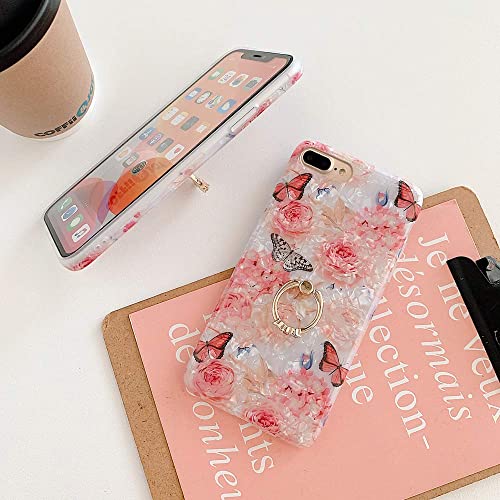 Qokey For Iphone 8 Plus Case,Iphone 7 Plus Case 5.5 Inch Flower Cute Stand Cover For Women Girls 360 Degree Rotating Ring Stand Kickstand Soft Tpu Shockproof Rose Butterfly #TOP3
