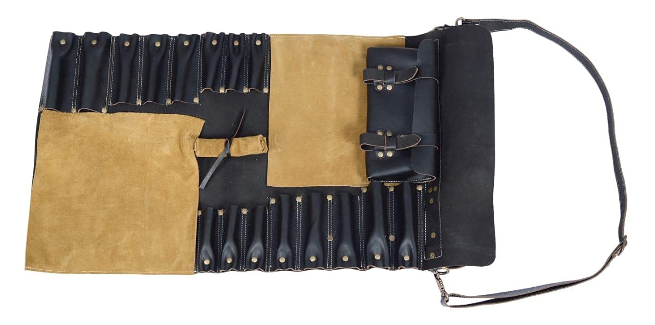 Rouleau à Couteaux Cuir De Bœuf Vintage – 3 Compartiments Pour Chef Pro