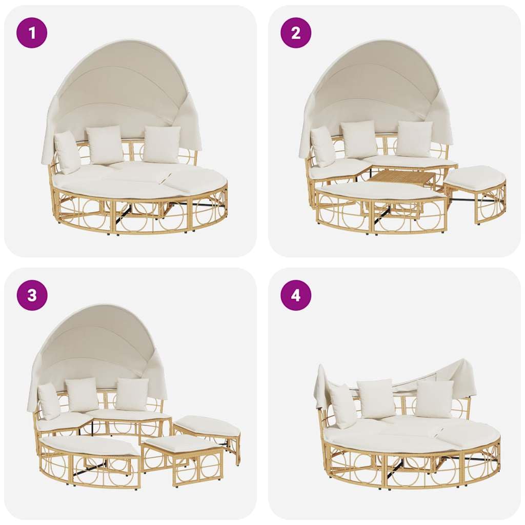Île de soleil avec auvent extensible et coussin, lit de salon d'extérieur en rotin synthétique, ensemble de meubles de jardin modulables pour terrasse et jardin, canapé de salon rond, 160 x