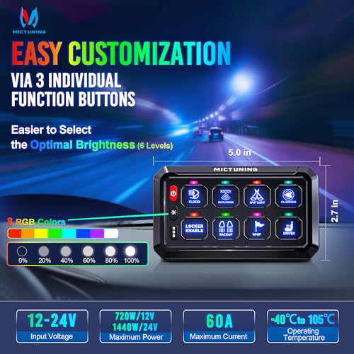MICTUNING P1s RGB 5 Inch 8 Gang Switch Panel, High Power 6 Level Brightness Multifunction Pulsed Toggle Strobe Momentary Circuit Control Relay System Box for Car w/Silicone Cover, 2 Years Warranty