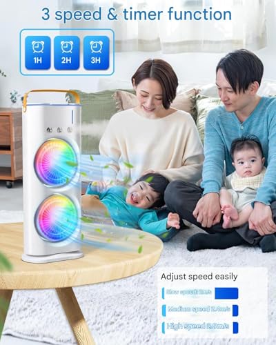 Image of DoUbLe EnDeD SpRaY FaN, CoLd AiR, 2026 NeW 3 GeArS UsB OsCiLlAtInG FaN WiTh LeD LiGhT CoOlEr, ToUcH & ReMoTe CoNtRoL, 280mL WaTeR TaNk, IcE FiLlInG FaN - WhItE