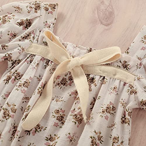 Newborn Baby Girl Cotton Summer Clothes Vintage Floral Romper Square Neck Short Sleeve Bodysuit Jumpsuit (Beige, 3-6 Months) #TOP3