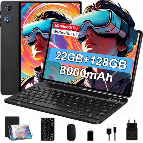 2026 Tablet 10 Pollici Android con Octa-Core 2.0 GHz, 22GB RAM + 128GB ROM (TF/2TB), Widevine L1, 5G WiFi 6, Bluetooth 5.0, 1280 * 800 FHD IPS, 8000mAh, GMS, Newest Tablet con Tastiera e Mouse - Nero